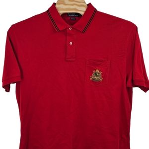 Polo Ralph Lauren VTG Big 2XL Striped Collar‎ Red Polo Shirt Gold Crest Pocket